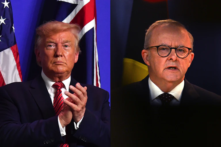 Donald Trump, clapping his hands, and Anthony Albanese looking stern.