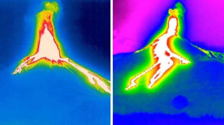 Two thermal images of a mountain.