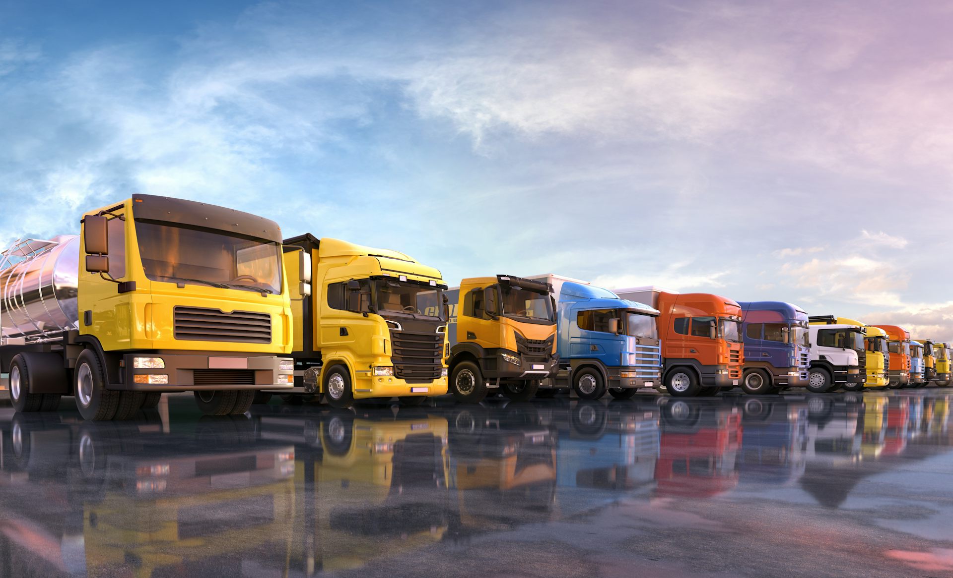 Row of parked up colourful lorries.