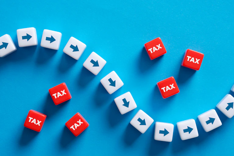 Illustration of arrows plotting path through blocks mark tax to show tax avoidance.