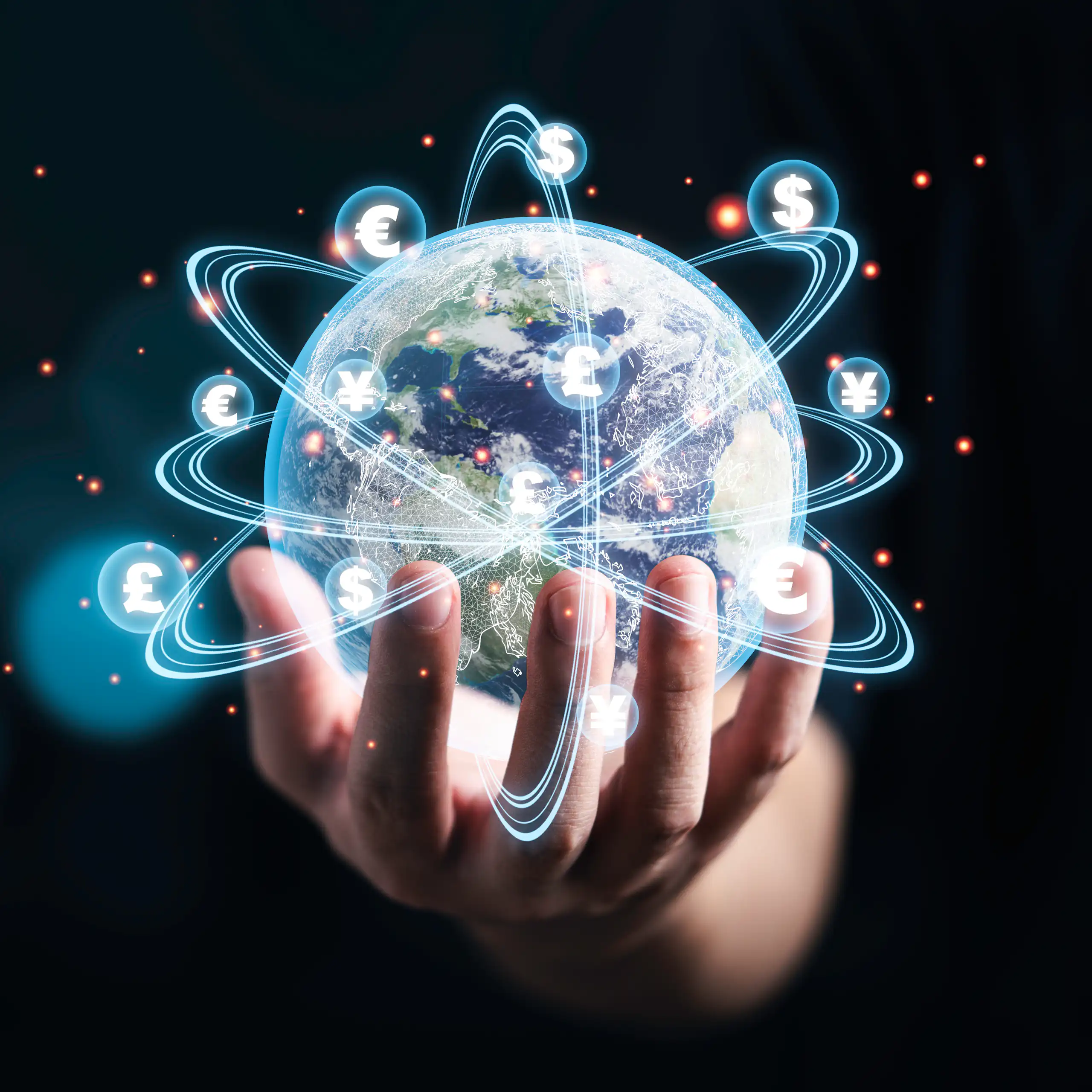 Illustration of a hand holding a globe with multiple currencies