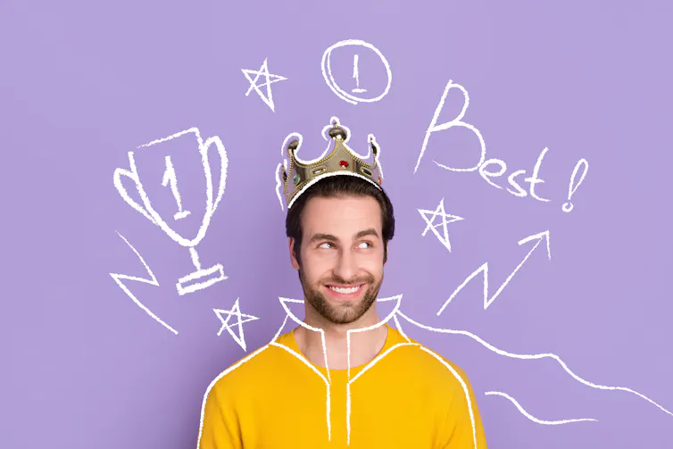 Collage of man against purple background with symbols