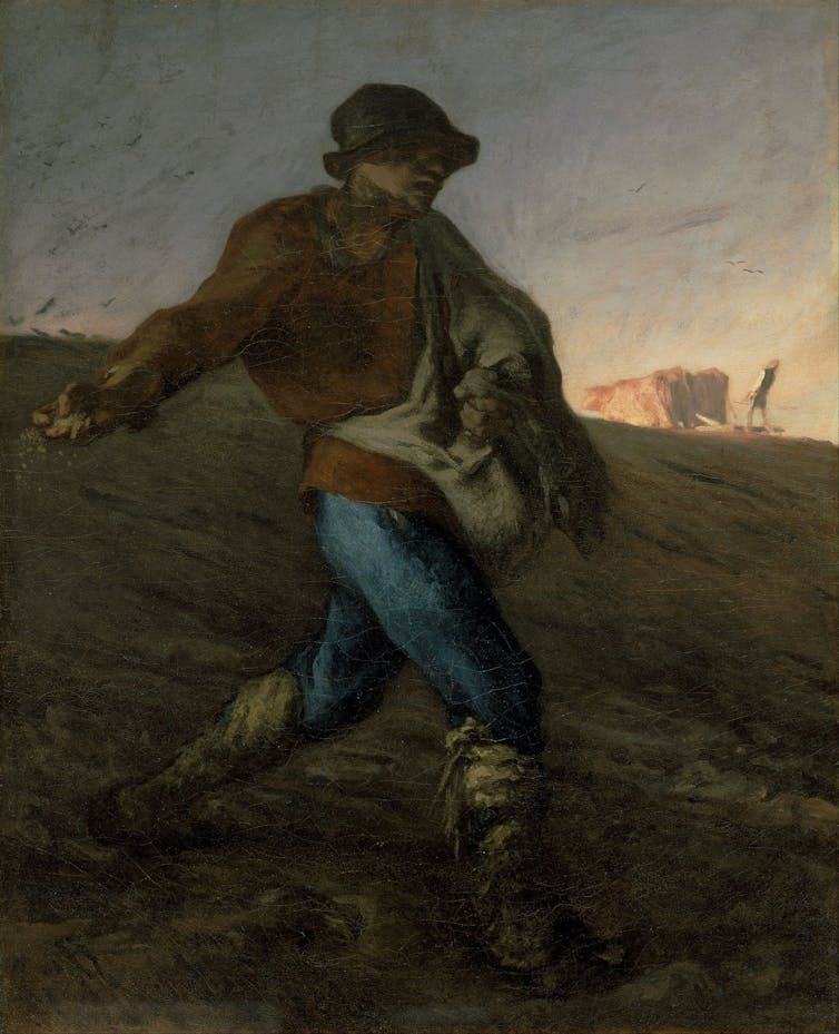 A painting depicting a man walking in a field against a dark, cloudy background.