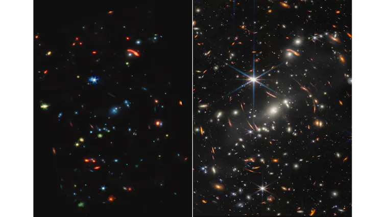 Two photos of space, with lots of stars and galaxies shown as little dots. The right image shows more, brighter dots than the left.