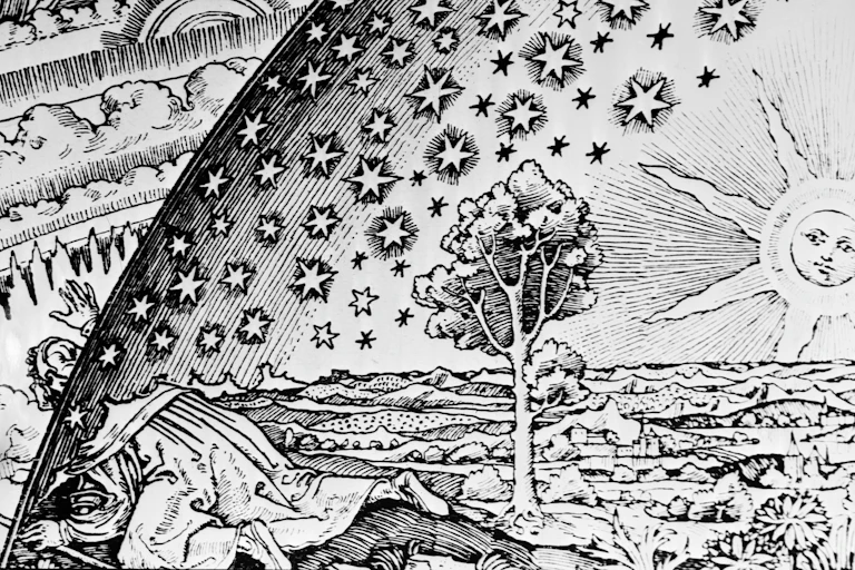 A black and white engraving of a robed figure crawling out from a star-studded dome and into a cloudy sky.