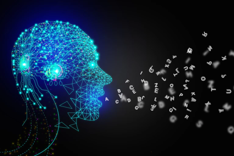 a digital head speaks out letters