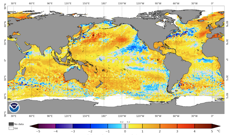 A map of the Earth with the ocean in multiple shades of yellow, red, orange and blue.