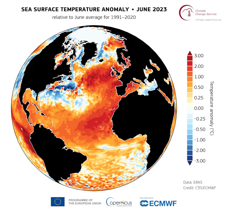 A map of the Atlantic Ocean which is shown in a shade of deep red.