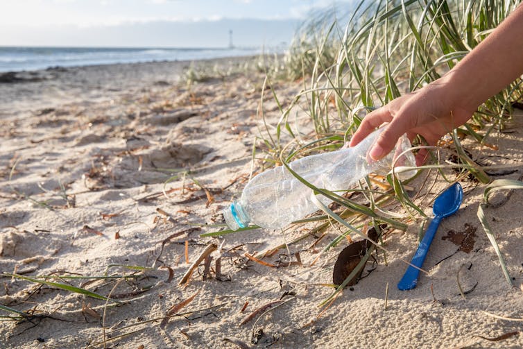 Person picking up plastic rubbish on beach