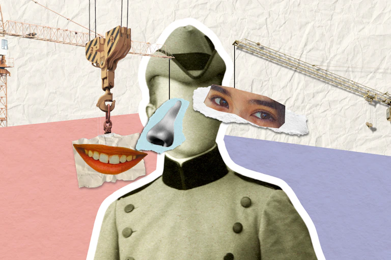 A composite image of a faceless WWI soldier with cranes placing cut out facial features
