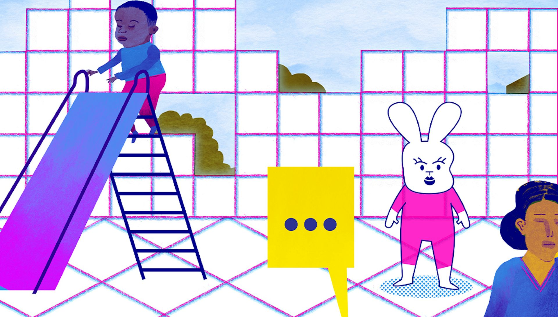 Un niño subiendo a un tobogán con el suelo y una pared con cuadros simulando un escenario virtual