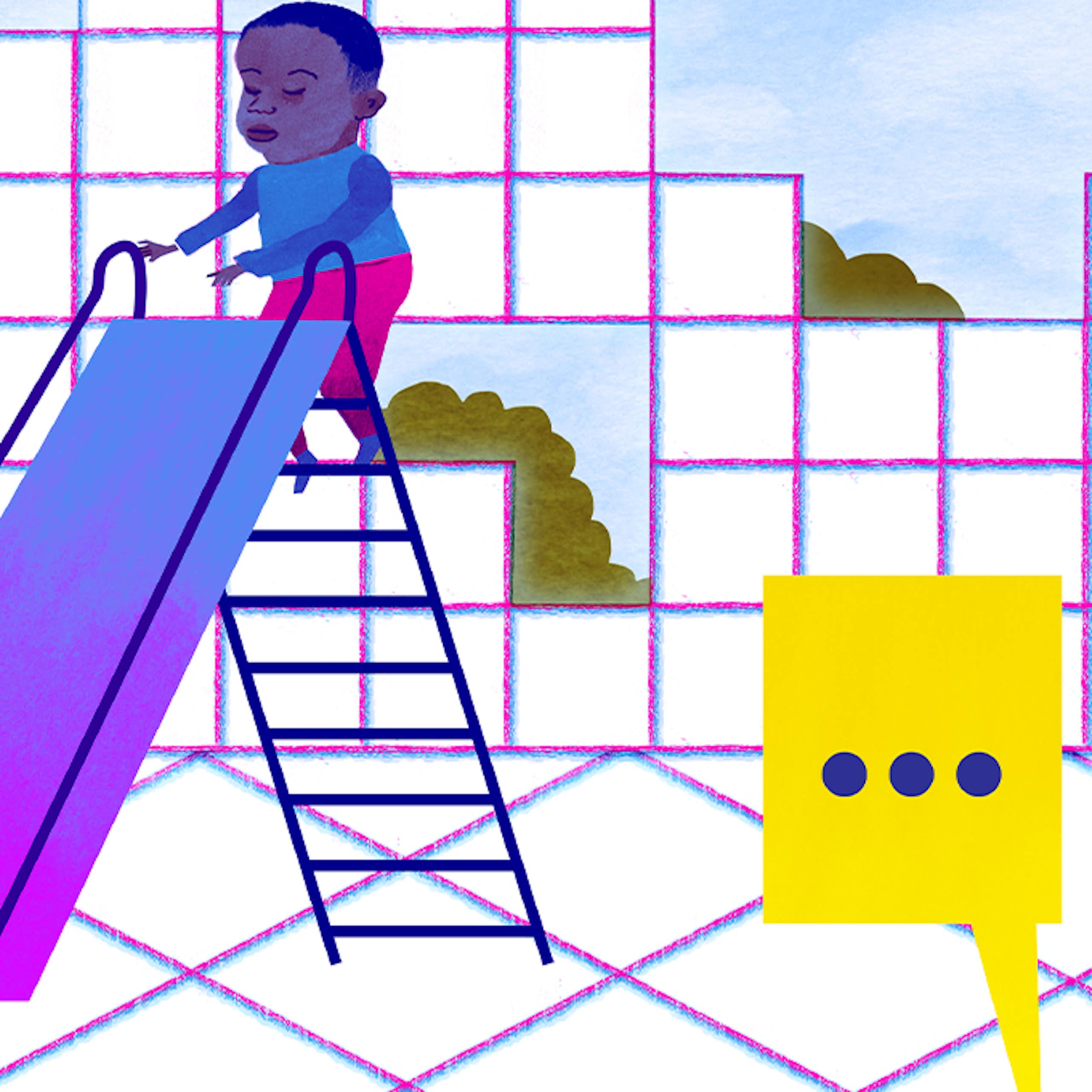 Un niño subiendo a un tobogán con el suelo y una pared con cuadros simulando un escenario virtual