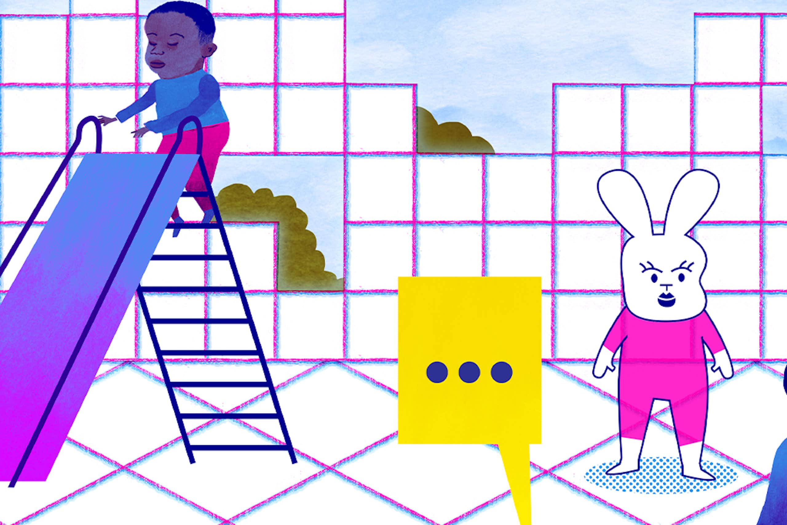 Un niño subiendo a un tobogán con el suelo y una pared con cuadros simulando un escenario virtual