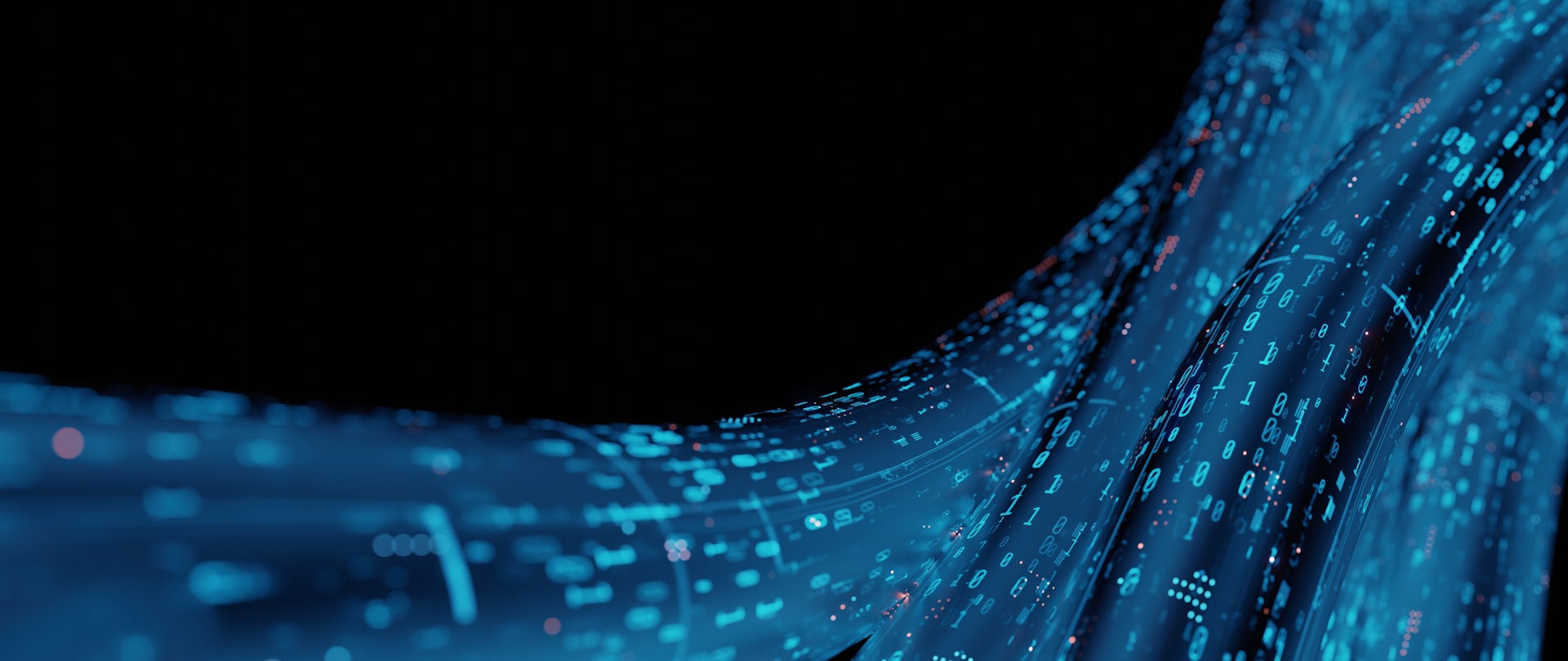 Rendu 3D d'un tube de verre abstrait, câble câblé avec transmission de données binaires numériques