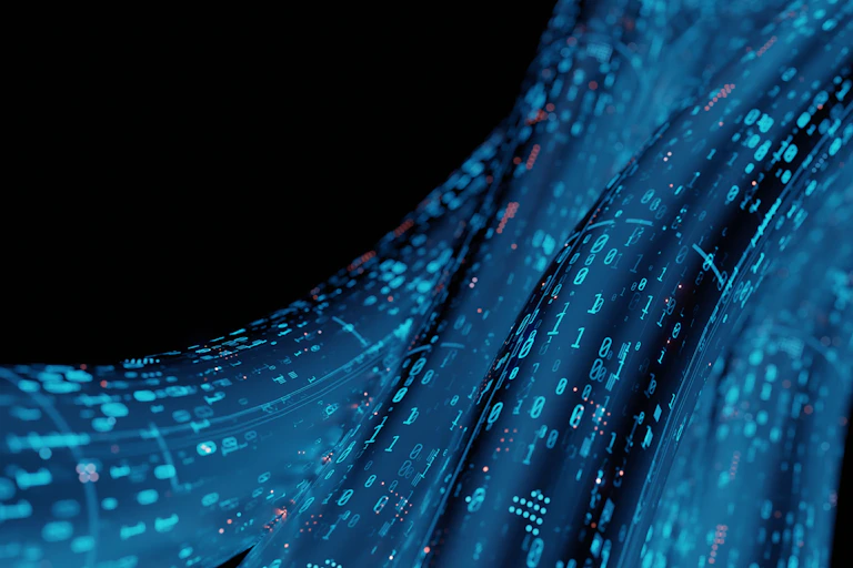 Rendu 3D d'un tube de verre abstrait, câble câblé avec transmission de données binaires numériques