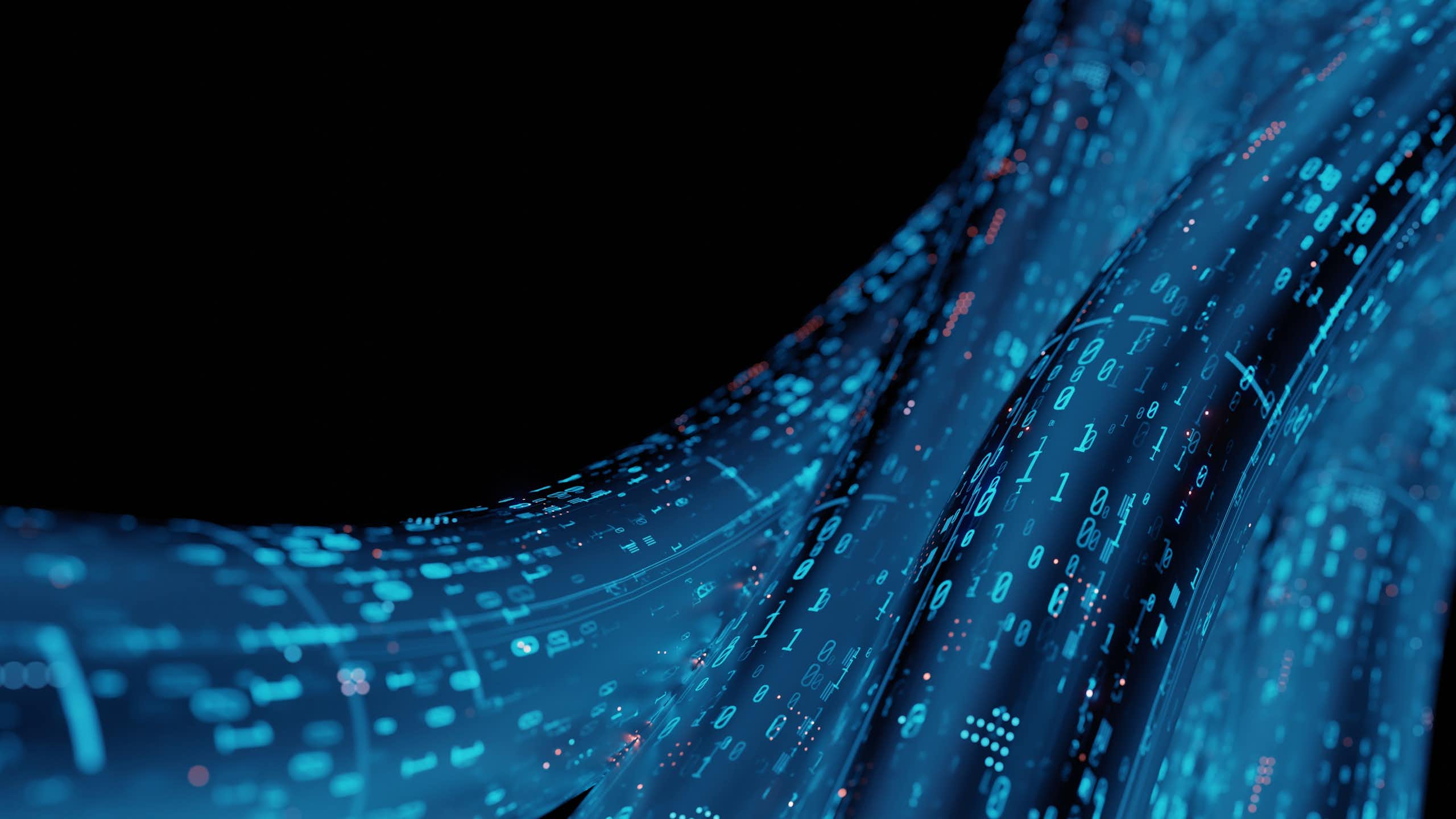 Rendu 3D d'un tube de verre abstrait, câble câblé avec transmission de données binaires numériques