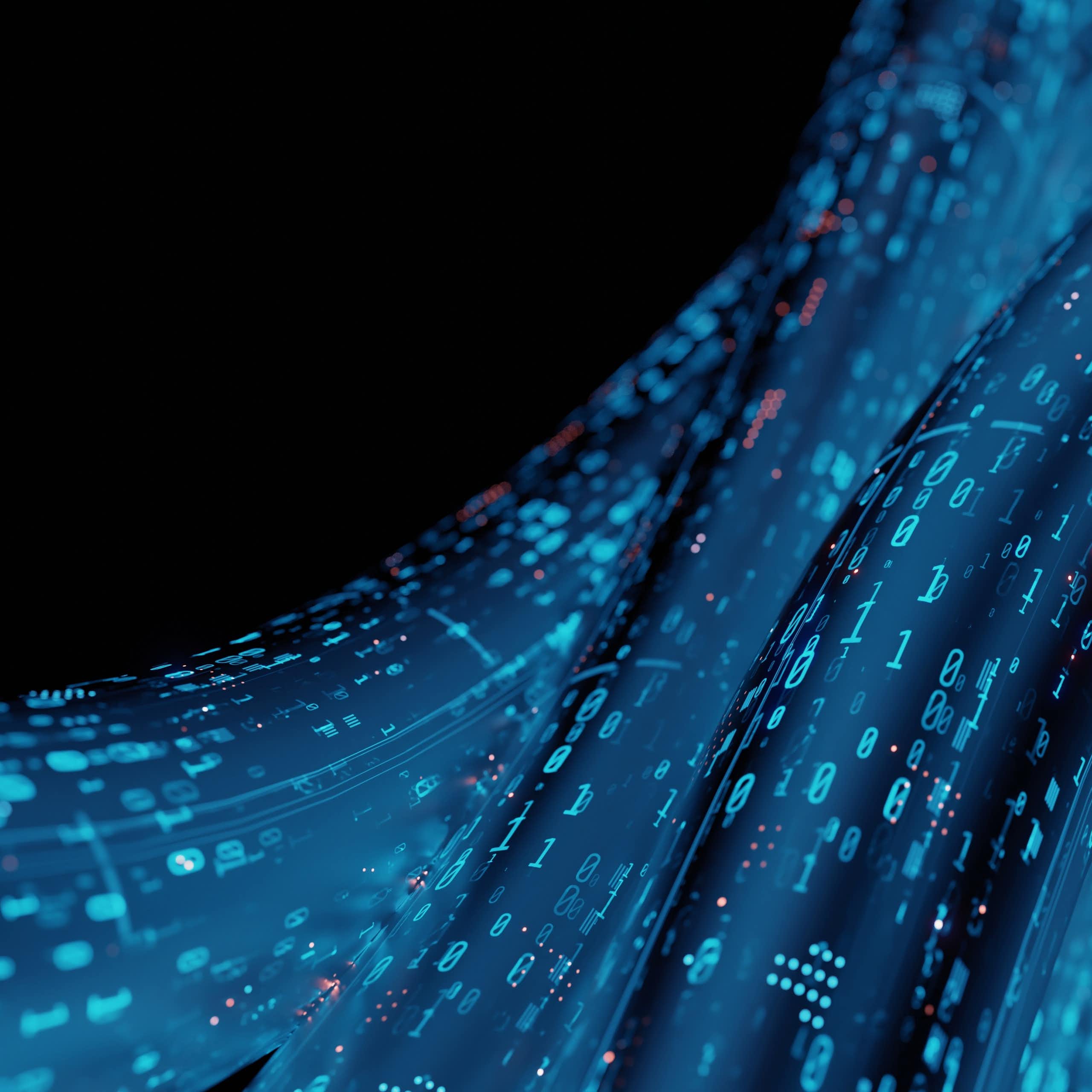 Rendu 3D d'un tube de verre abstrait, câble câblé avec transmission de données binaires numériques