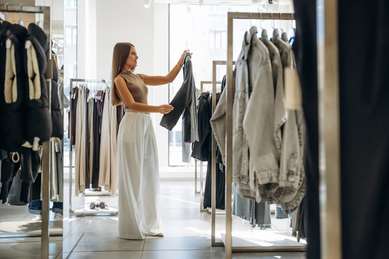 Una joven examina una prenda en una tienda de ropa