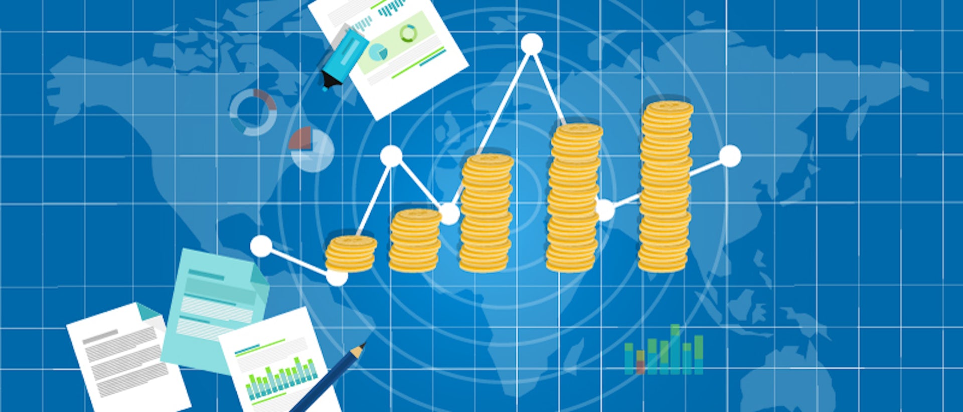 Gráfica de crecimiento económico sobre un mapa del mundo