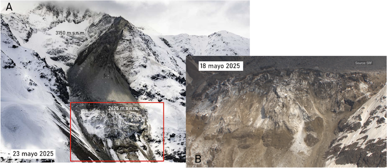 Imágenes del glaciar cubierto de material rocoso tras los deslizamientos