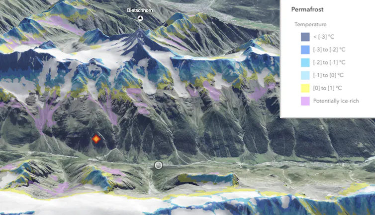 Mapa de las montañas donde se encuentra el glaciar con diferentes colores según la cantidad de permafrost