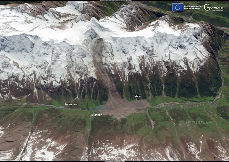 Vista de montañas nevadas y el glaciar que se extiende de las montañas al valle