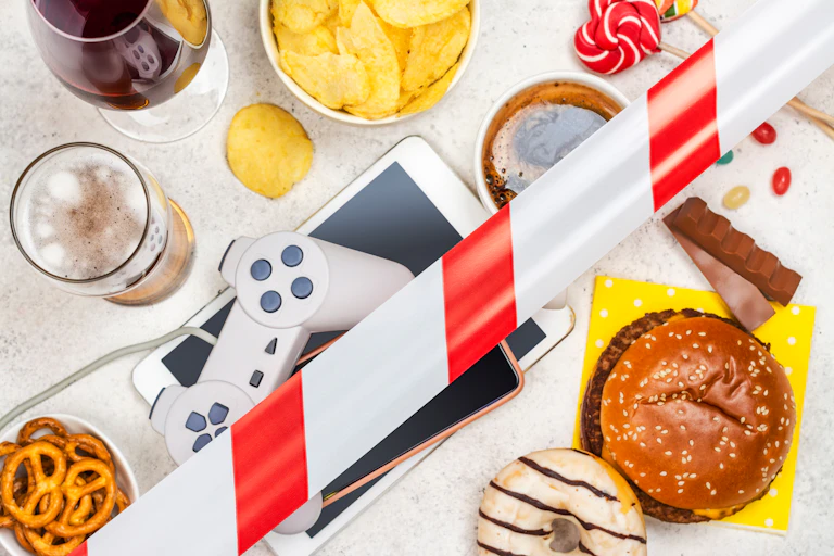 Cosas que producen placer (una tableta, un mando de videojuegos, comida ultraprocesada...) con cinta que prohíbe acceder a ellas