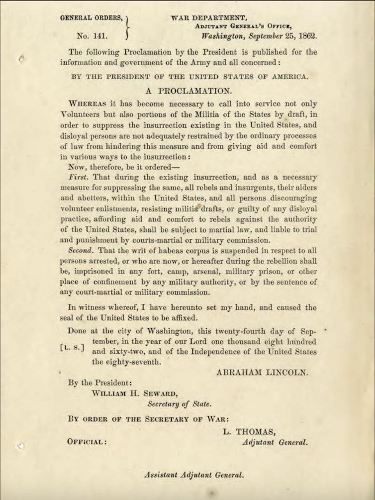 A yellowed page containing print describing a presidential proclamation.