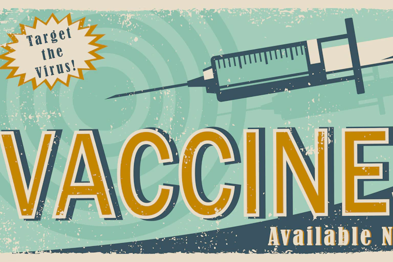 Vintage vaccine sign with a syringe and orange letters on a blue background