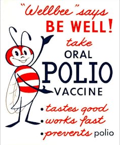 A public health messaging poster for the polio vaccine featuring an illustration of a bee with red stripes and text promoting the vaccine's benefits
