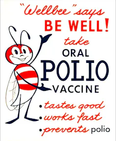 A public health messaging poster for the polio vaccine featuring an illustration of a bee with red stripes and text promoting the vaccine's benefits