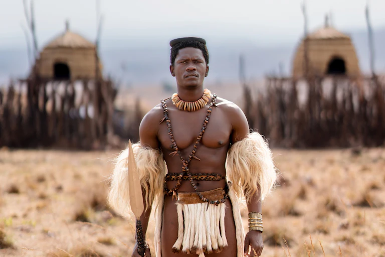 A muscular man stands in front of a reed and wood homestead wearing armbands and a codpiece of animal hair, beads across his chest.