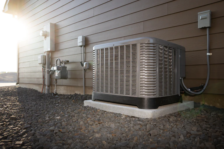 An air-conditioning compressor sits next to an electric meter at a home.