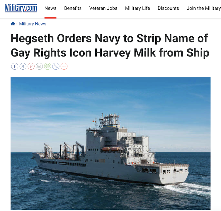 A screenshot of a headline and photo for a story about how US Defense Secretary Pete Hegseth has ordered the removal of gay rights advocate Harvey Milk's name from a Navy ship.