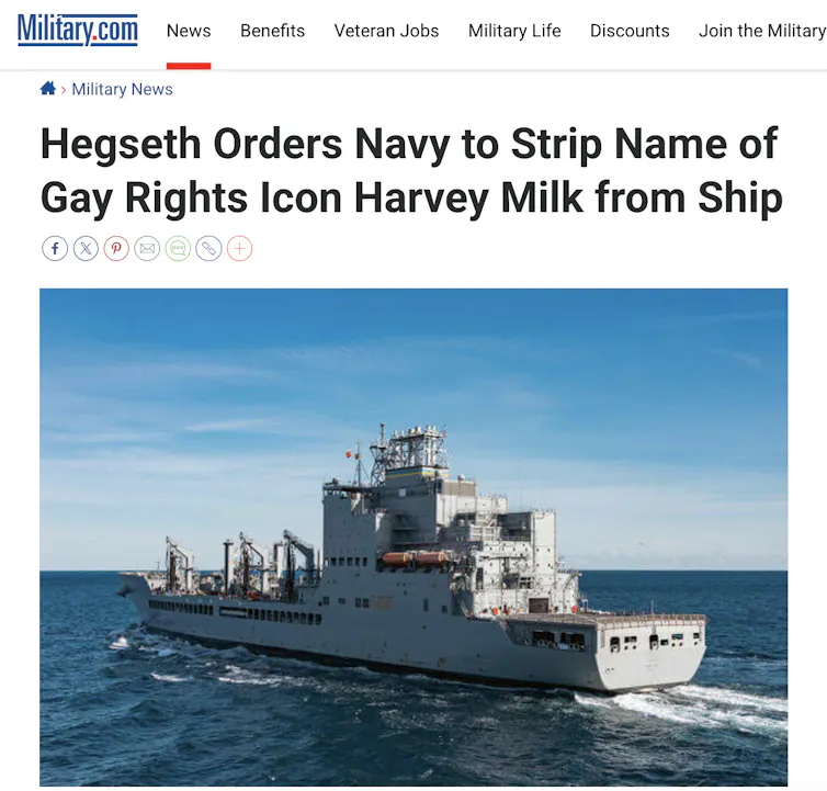 A screenshot of a headline and photo for a story about how US Defense Secretary Pete Hegseth has ordered the removal of gay rights advocate Harvey Milk's name from a Navy ship.