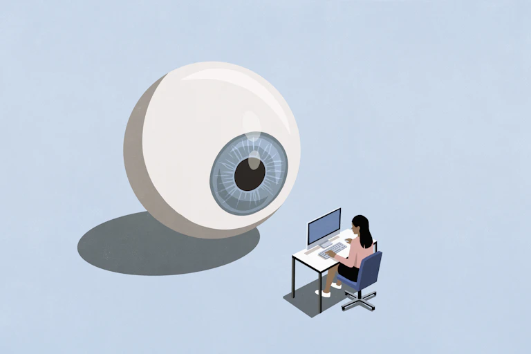 Giant eyeball looks at woman on computer at desk