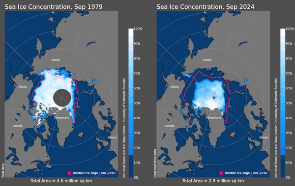 Two satellite images of sea ice cover show the decline in the Arctic sea ice's maximum extent, in September.