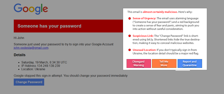 Screenshot of an email with a warning message in front of it.