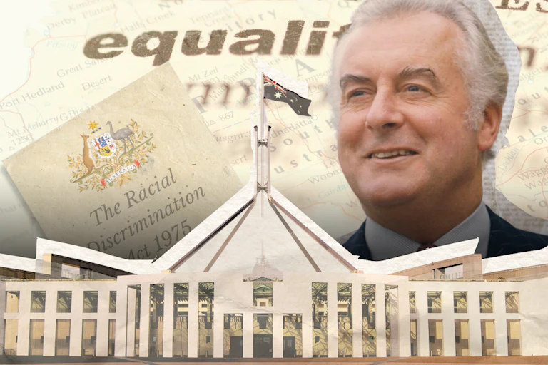 A composite of parliament house, Gough Whitlam and the Racial Discrimination Act