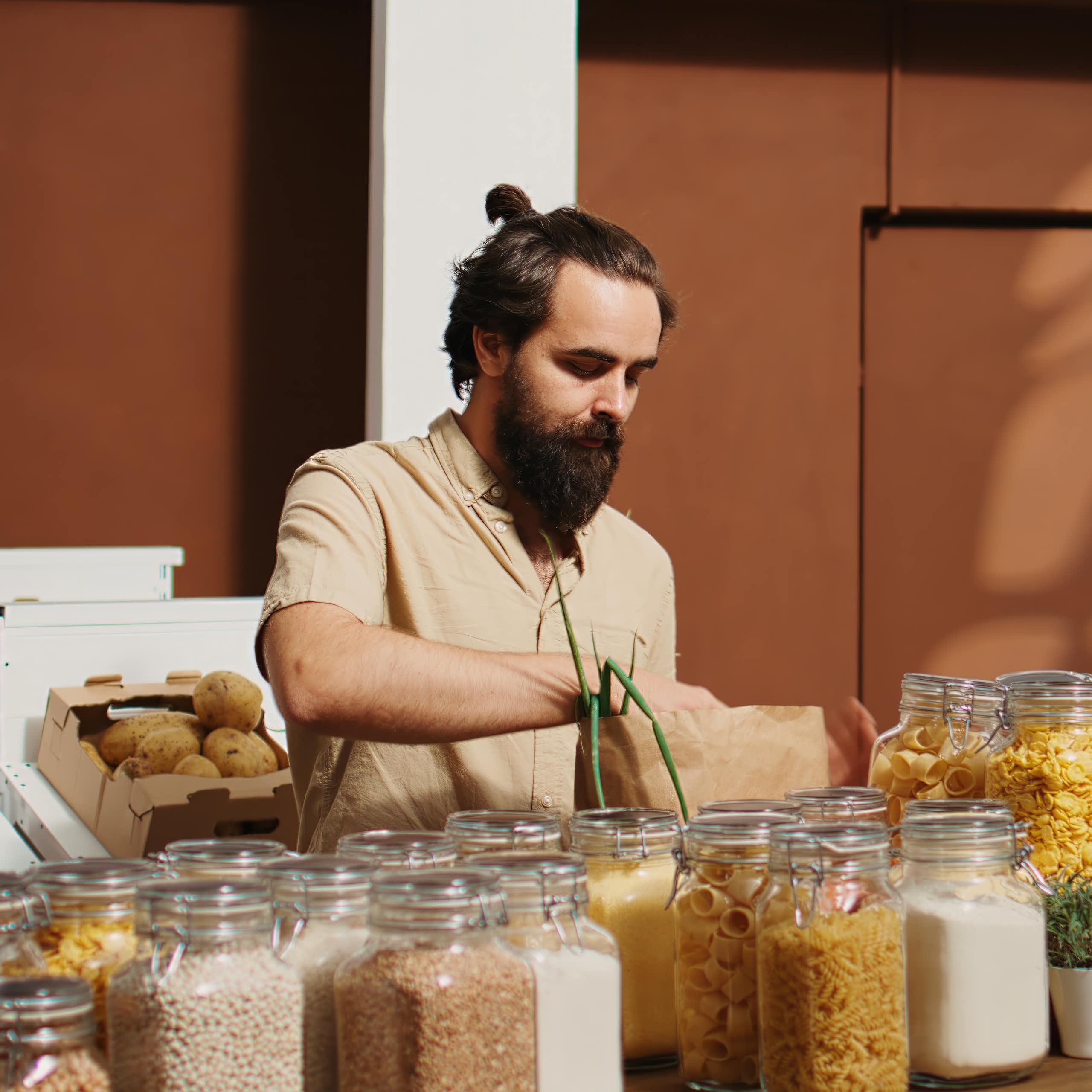 A man fills jars with food.