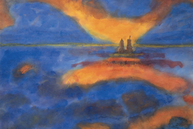 An image of a painting by Emil Nolde called Red Clouds. It is a watercolor on handmade paper, and it is 34.5 x 44.7 cm.