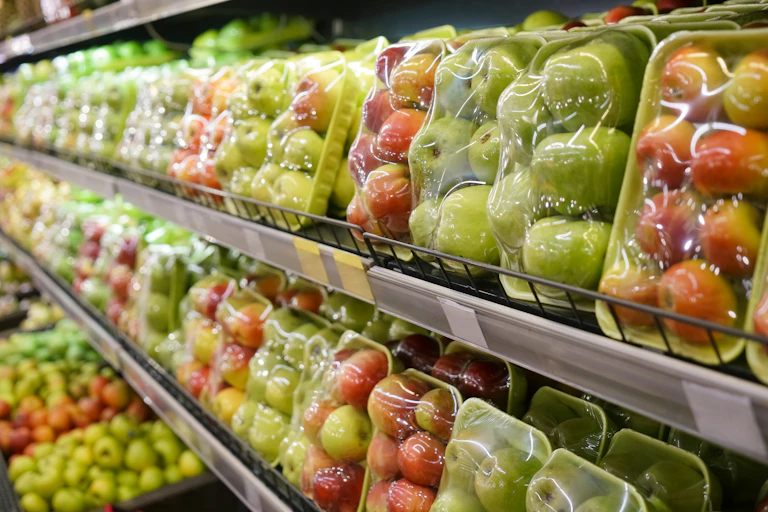 Manzanas envasadas en plástico en la nevera de un supermercado