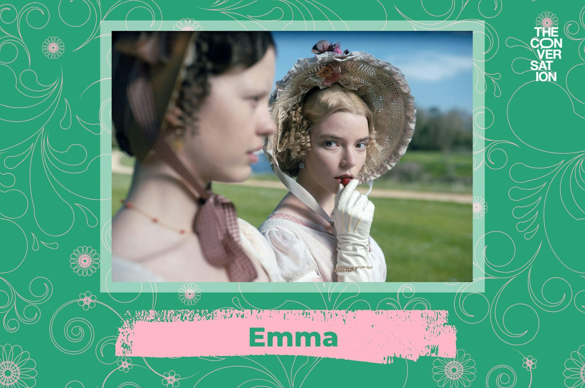 Anya Taylor-Joy eating a strawberry, wearing a Georgian bonnet.