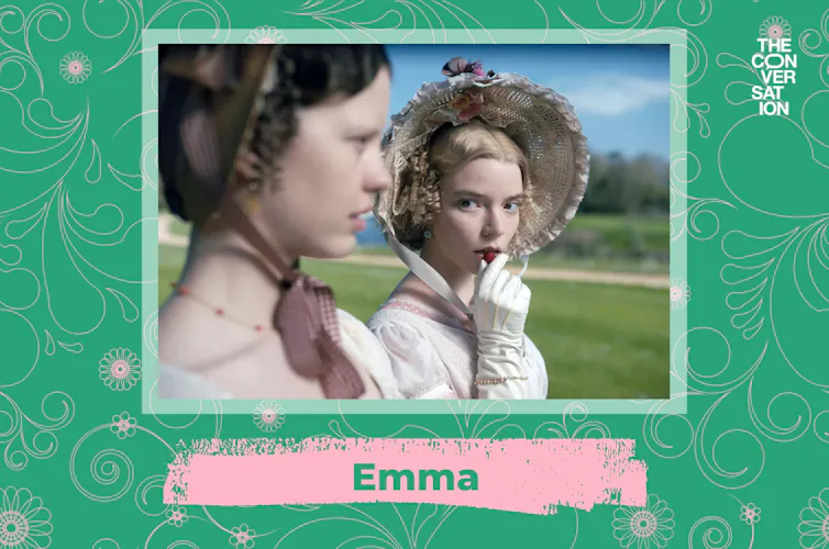 Anya Taylor-Joy eating a strawberry, wearing a Georgian bonnet.