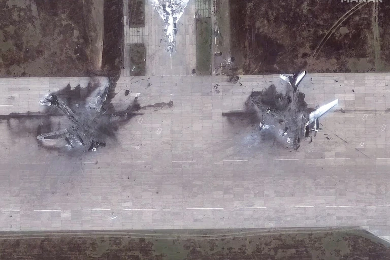 A satellite image shows Russian Tupolev Tu-95 aircraft destroyed in Ukraine's 'Spiderweb' drone attack.