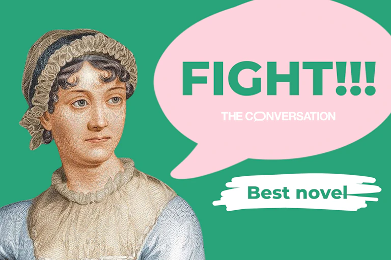 Jane Austen with a speech bubble that reads 'fight'