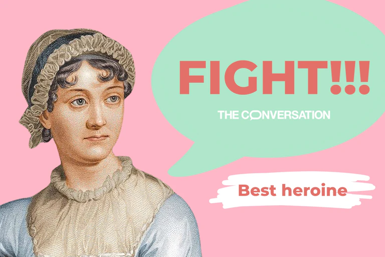 Jane Austen with a speech bubble saying 'fight'