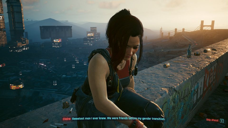 In-game screenshot of Claire Russel speaking to the player while sitting on a low wall overlooking Night City.