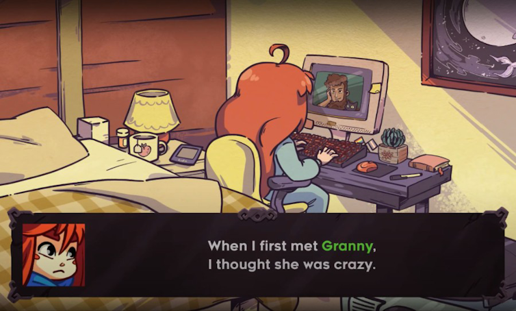 In-game screenshot of Madeline from Celeste. Madeline is at her computer speaking to a friend. There is a trans pride flag behind her computer monitor and a pill bottle beside her bed.