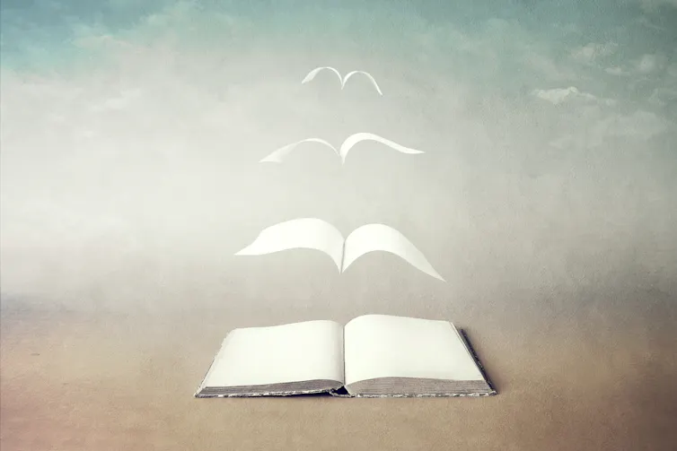 Pages appear to fly out of a book and turn into birds.